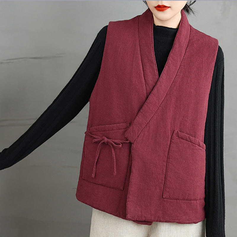 Buddha Stones無地レースアップ レディース ノースリーブ コットンベスト ウエストコート ポケット付き - image 12