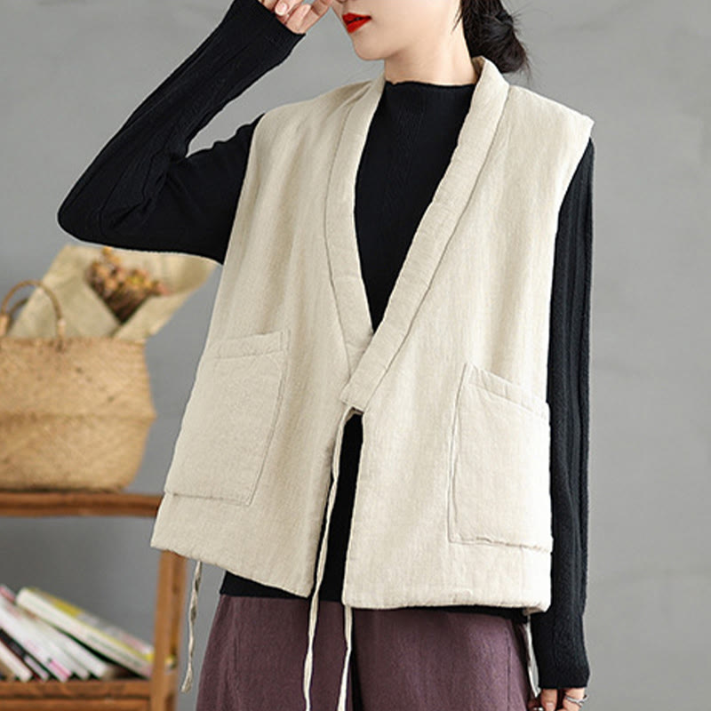 Buddha Stones無地レースアップ レディース ノースリーブ コットンベスト ウエストコート ポケット付き - image 18