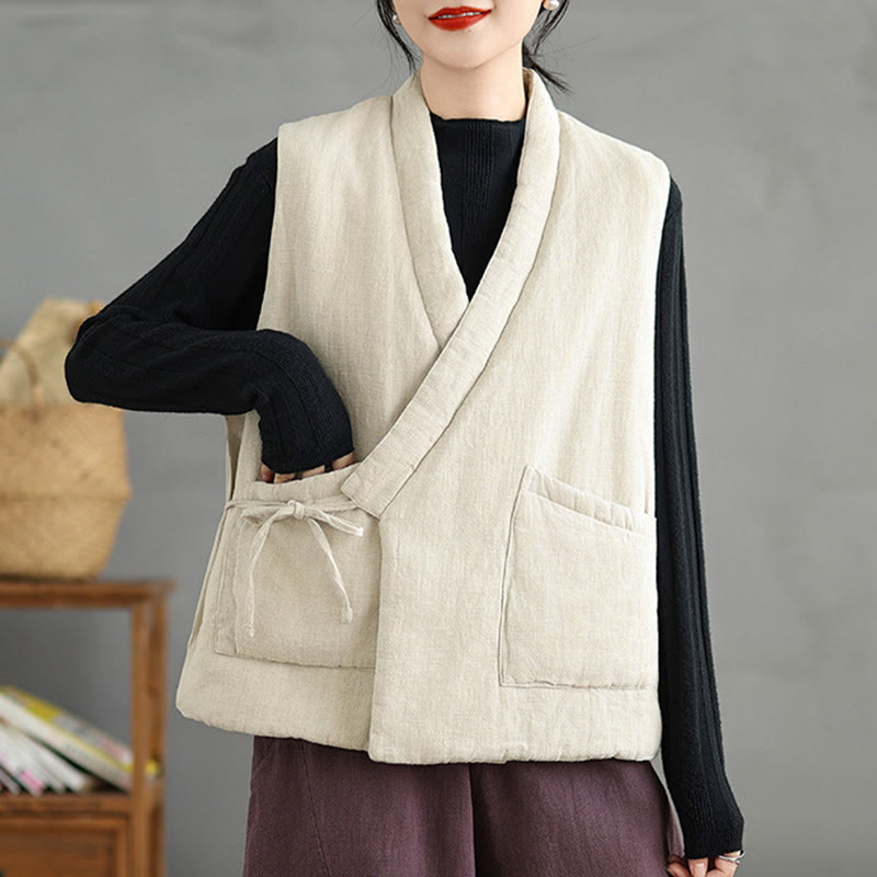 Buddha Stones無地レースアップ レディース ノースリーブ コットンベスト ウエストコート ポケット付き - image 20