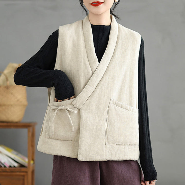 Buddha Stones無地レースアップ レディース ノースリーブ コットンベスト ウエストコート ポケット付き - image 20