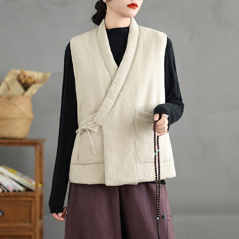 Buddha Stones無地レースアップ レディース ノースリーブ コットンベスト ウエストコート ポケット付き - image 19