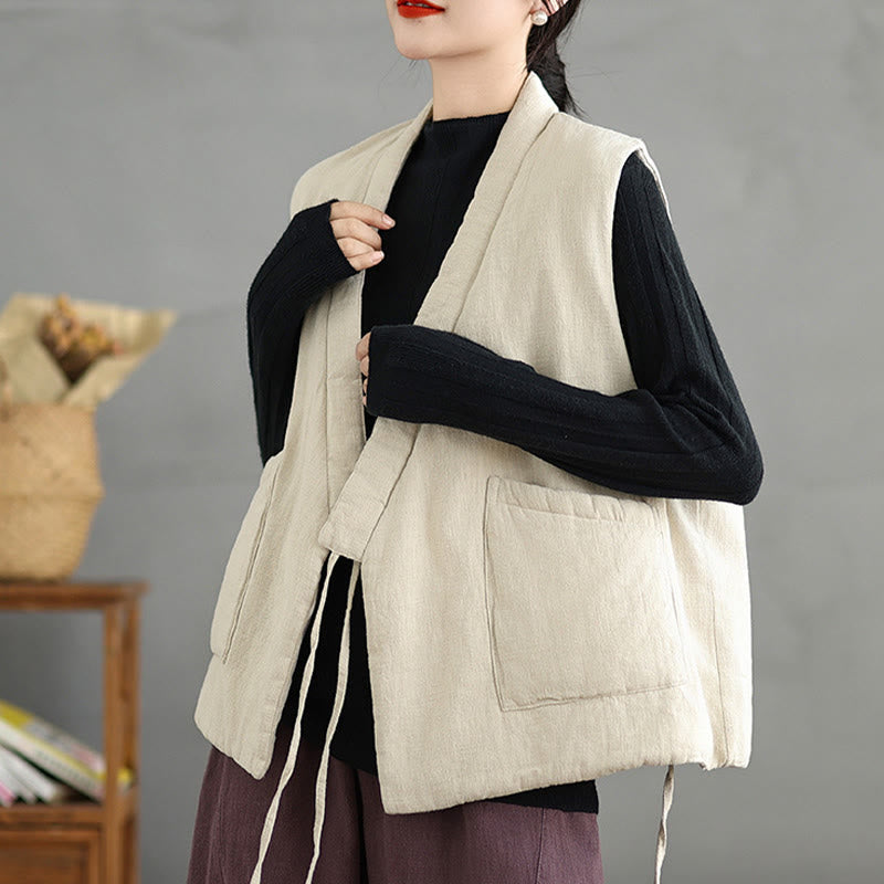 Buddha Stones無地レースアップ レディース ノースリーブ コットンベスト ウエストコート ポケット付き - image 22