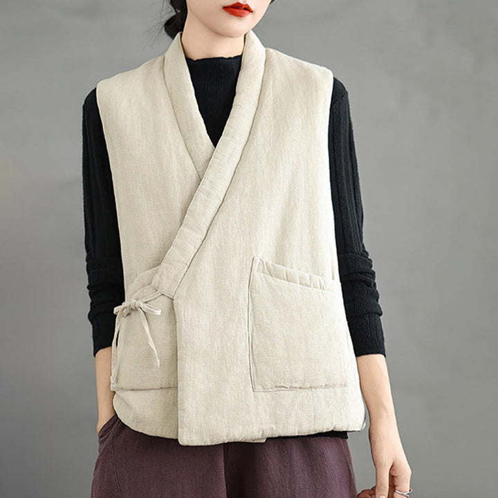 Buddha Stones無地レースアップ レディース ノースリーブ コットンベスト ウエストコート ポケット付き - ベージュ - US12、 UK/AU16、 EU44 (2XL) - image 17