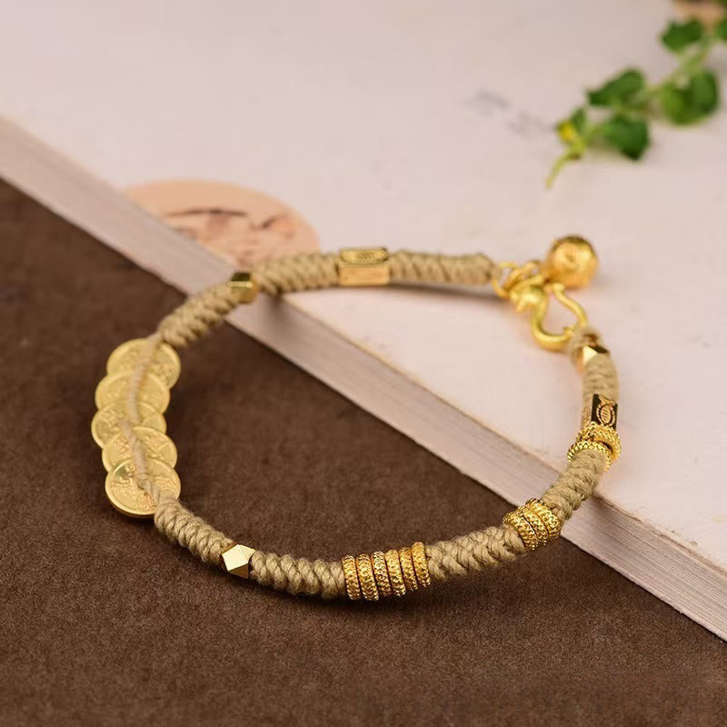 Buddha Stones手作り五帝銭富紐編みブレスレット - イエローロープ(手首周り:15~19cm) - image 6