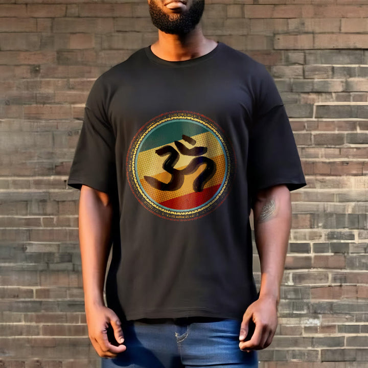 Buddha Stonesの鮮やかな色彩のシンプルな円形マンダラ柄オームシンボルTシャツコットンTシャツ - image 7