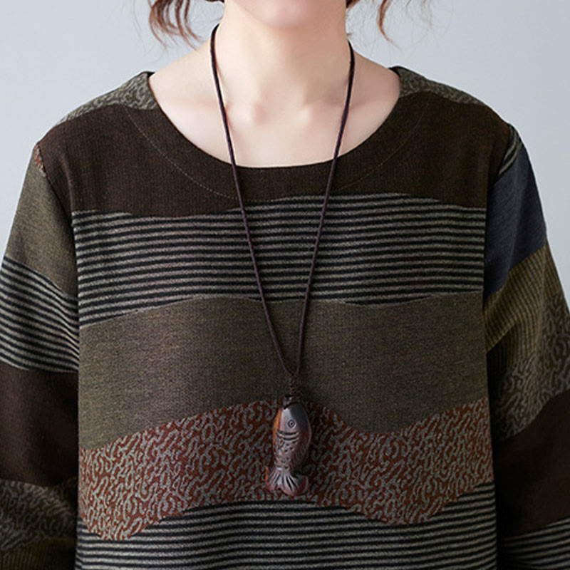 Buddha Stonesエスニックプリントストライプ柄長袖コットンリネンミディドレス(ポケット付き) - image 24