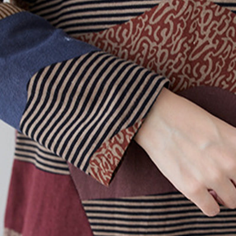 Buddha Stonesエスニックプリントストライプ柄長袖コットンリネンミディドレス(ポケット付き) - image 13