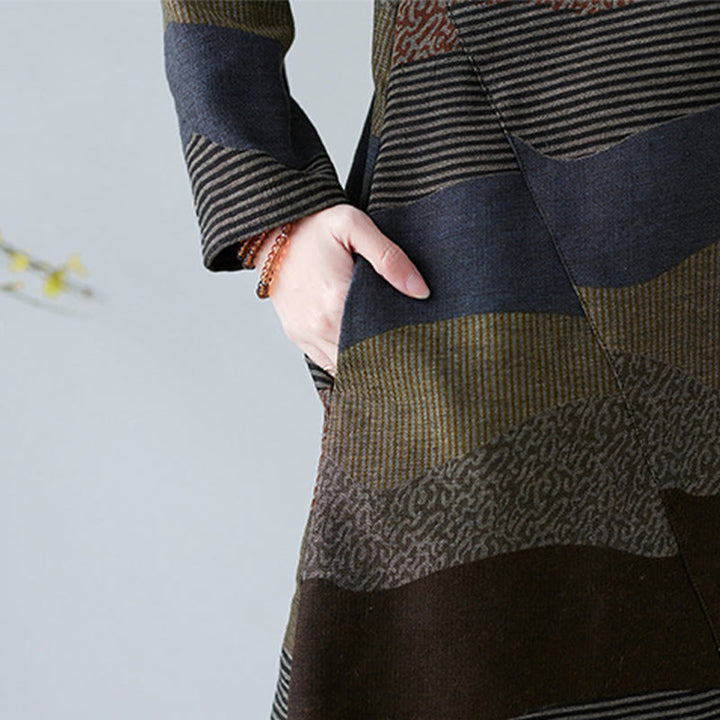 Buddha Stonesエスニックプリントストライプ柄長袖コットンリネンミディドレス(ポケット付き) - image 26