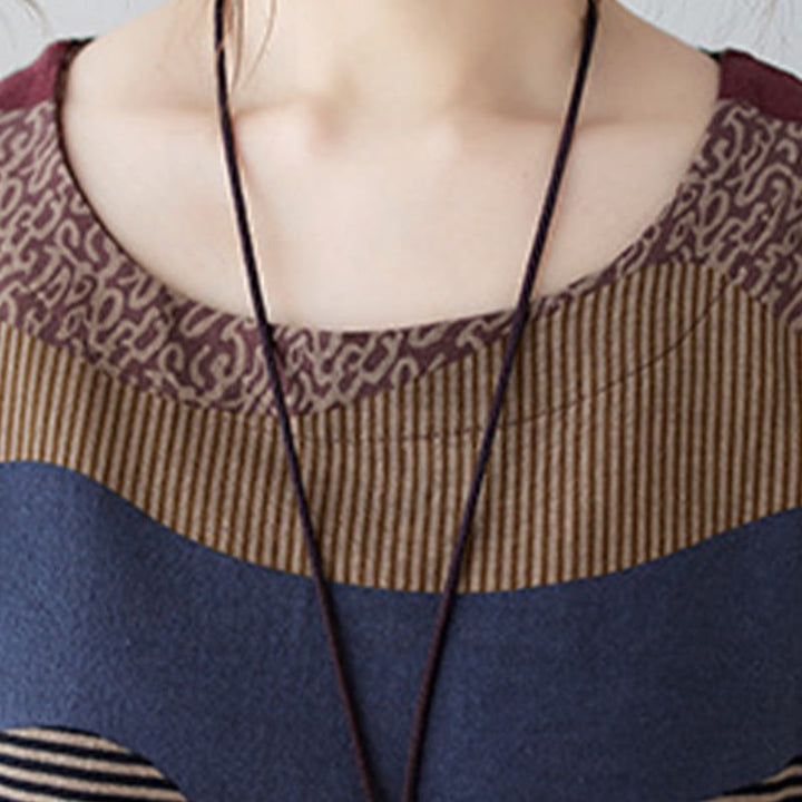 Buddha Stonesエスニックプリントストライプ柄長袖コットンリネンミディドレス(ポケット付き) - image 11