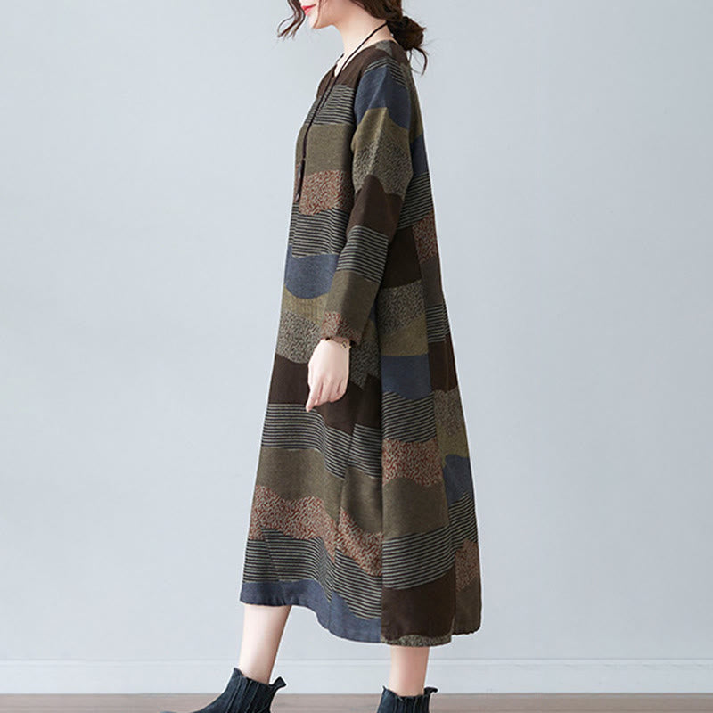 Buddha Stonesエスニックプリントストライプ柄長袖コットンリネンミディドレス(ポケット付き) - image 17