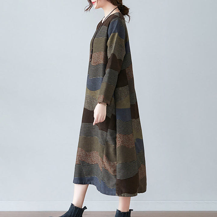 Buddha Stonesエスニックプリントストライプ柄長袖コットンリネンミディドレス(ポケット付き) - image 17