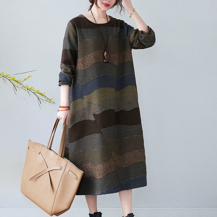 Buddha Stonesエスニックプリントストライプ柄長袖コットンリネンミディドレス(ポケット付き) - image 23