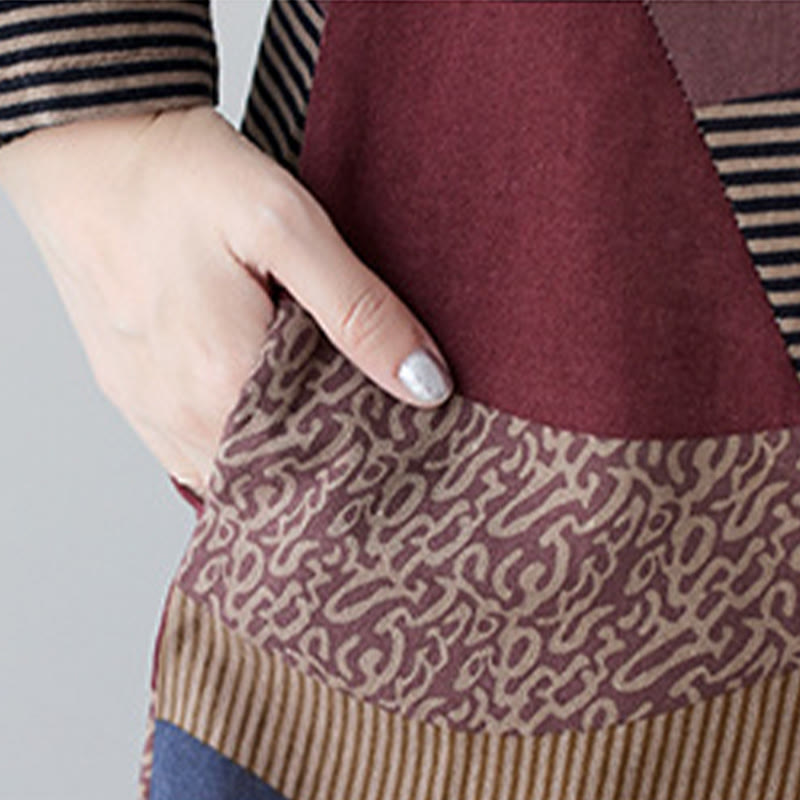 Buddha Stonesエスニックプリントストライプ柄長袖コットンリネンミディドレス(ポケット付き) - image 12