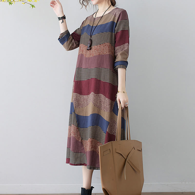 Buddha Stonesエスニックプリントストライプ柄長袖コットンリネンミディドレス(ポケット付き) - image 6