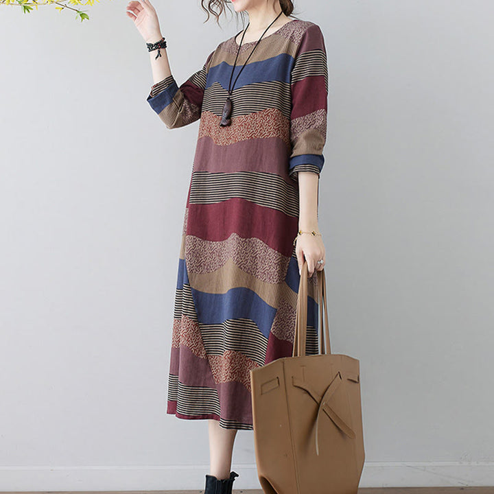 Buddha Stonesエスニックプリントストライプ柄長袖コットンリネンミディドレス(ポケット付き) - image 6