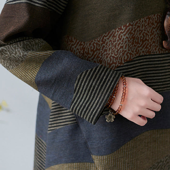 Buddha Stonesエスニックプリントストライプ柄長袖コットンリネンミディドレス(ポケット付き) - image 25