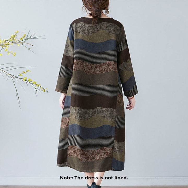 Buddha Stonesエスニックプリントストライプ柄長袖コットンリネンミディドレス(ポケット付き) - image 16