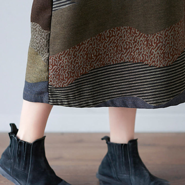 Buddha Stonesエスニックプリントストライプ柄長袖コットンリネンミディドレス(ポケット付き) - image 28