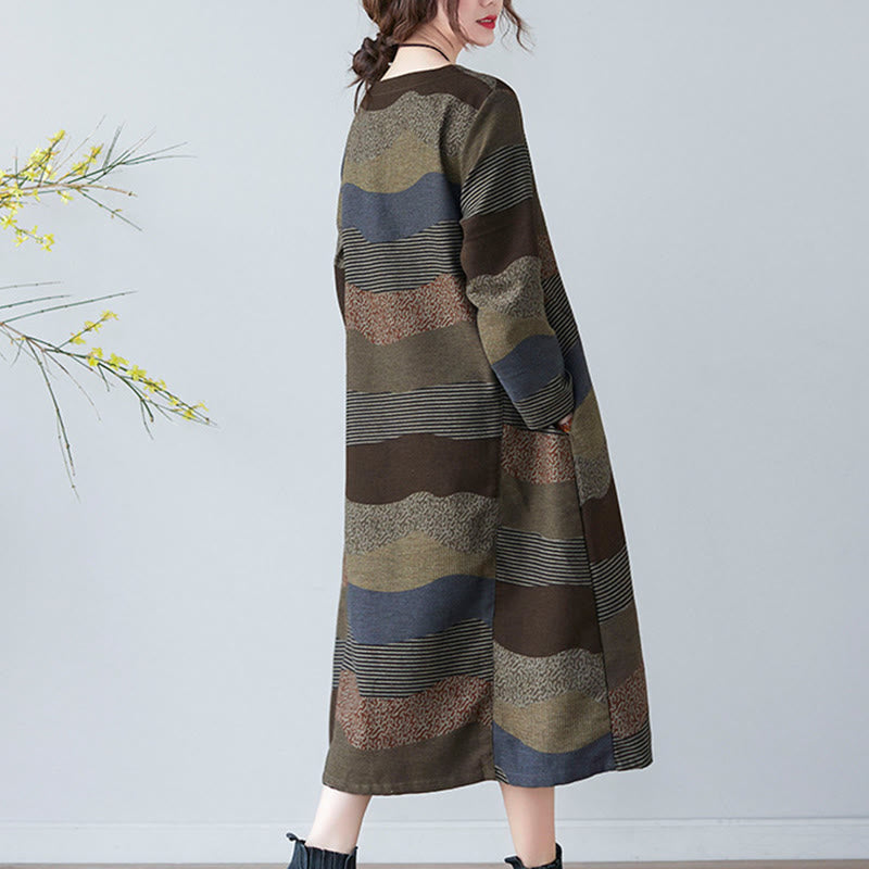 Buddha Stonesエスニックプリントストライプ柄長袖コットンリネンミディドレス(ポケット付き) - image 20