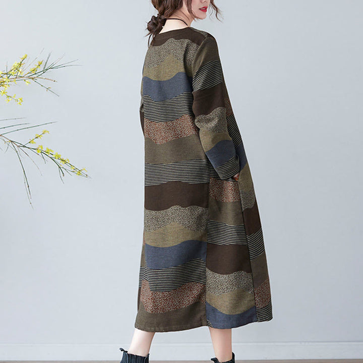 Buddha Stonesエスニックプリントストライプ柄長袖コットンリネンミディドレス(ポケット付き) - image 20