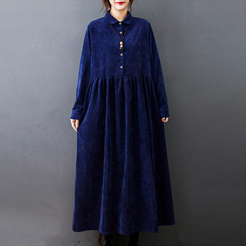 Buddha Stones秋ボタンデザイン 長袖 コットンコーデュロイ ミディドレス ポケット付き - image 22