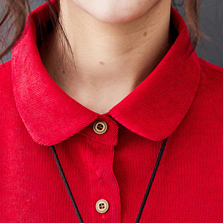 Buddha Stones秋ボタンデザイン 長袖 コットンコーデュロイ ミディドレス ポケット付き - image 16