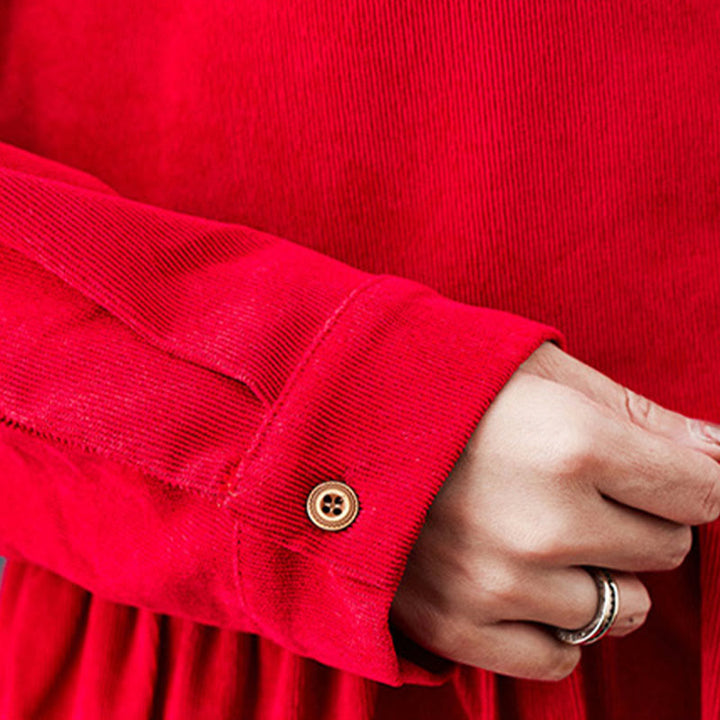 Buddha Stones秋ボタンデザイン 長袖 コットンコーデュロイ ミディドレス ポケット付き - image 18