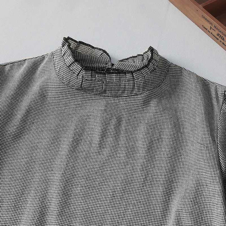 Buddha Stonesのチェック柄プリーツフリルデザイン長袖コットンミディドレス(ポケット付き) - image 2