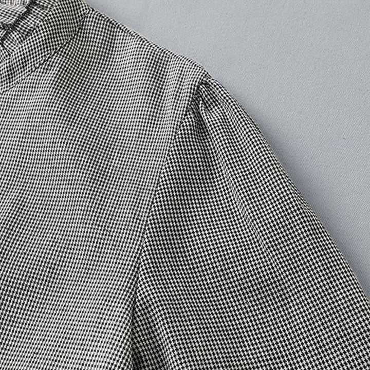 Buddha Stonesのチェック柄プリーツフリルデザイン長袖コットンミディドレス(ポケット付き) - image 4