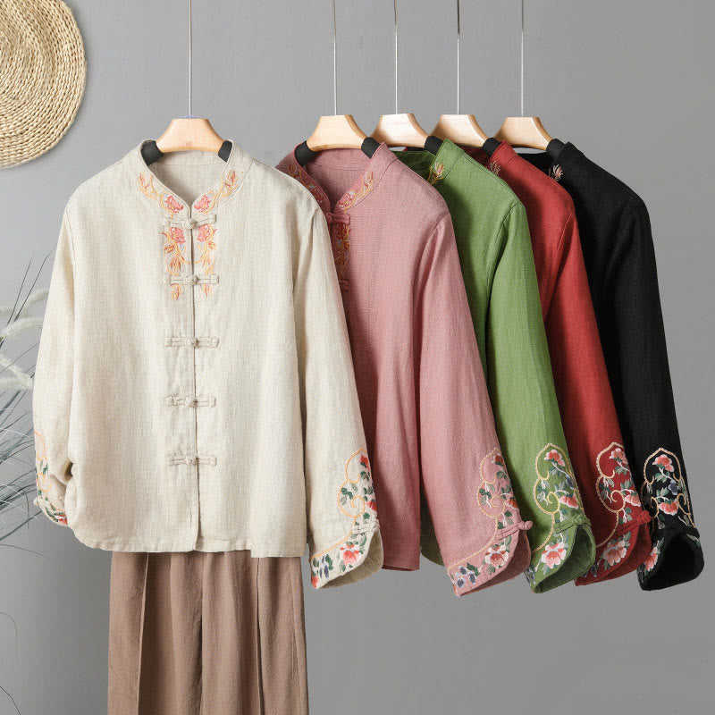 Buddha Stones刺繍花長袖フロッグボタンコットンレディースシャツ - image 25