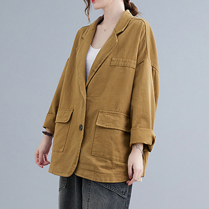 Buddha Stones無地レディース 長袖 コットン ブレザー ジャケット ポケット付き - image 1