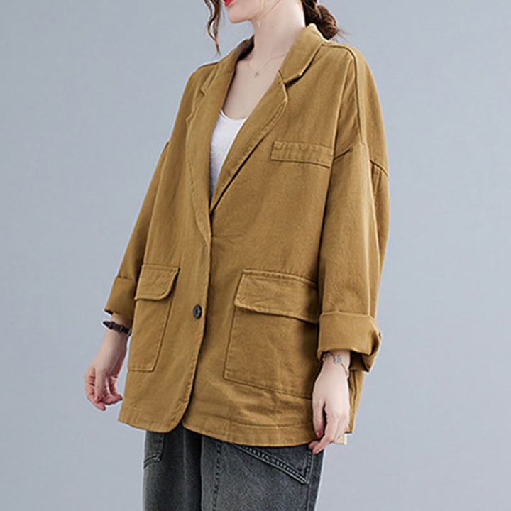 Buddha Stones無地レディース 長袖 コットン ブレザー ジャケット ポケット付き - image 1