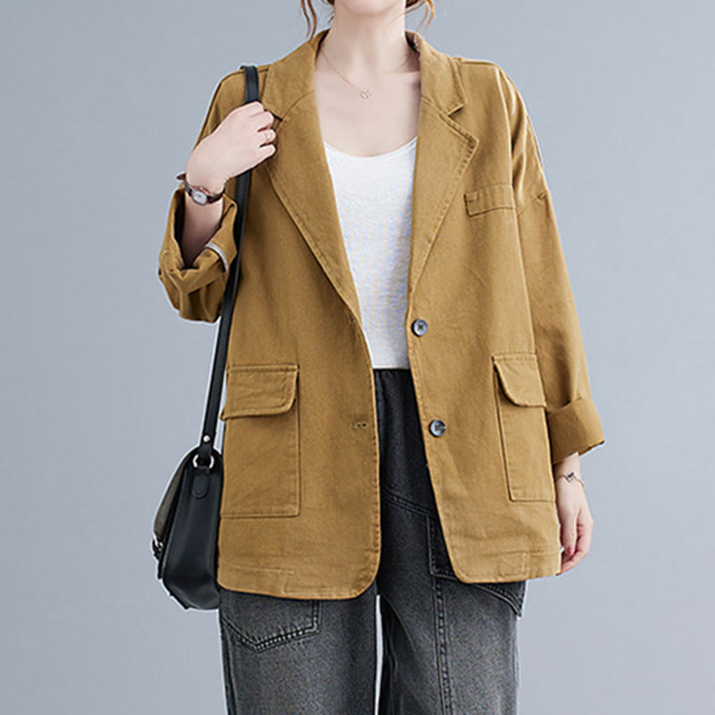 Buddha Stones無地レディース 長袖 コットン ブレザー ジャケット ポケット付き - image 5