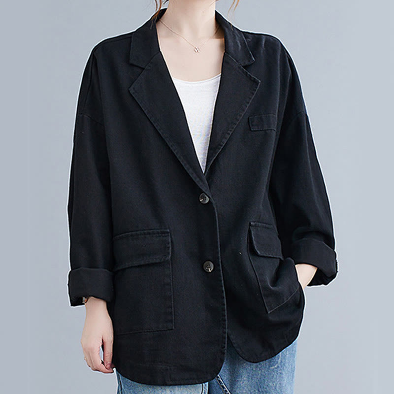 Buddha Stones無地レディース 長袖 コットン ブレザー ジャケット ポケット付き - 黒 - US14、 UK/AU18、 EU46 (2XL) - image 10