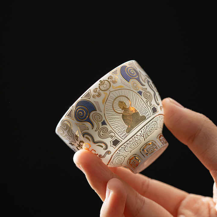 Buddha Stones白いタンカ仏 吉祥雲 ティーカップ カンフーティーカップ - 仏像柄 5.3cm×4.3cm×40ml - image 0