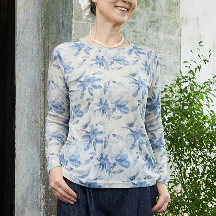 Buddha Stones秋 青 花柄 レディース 長袖 Tシャツ 高齢者向け - image 1