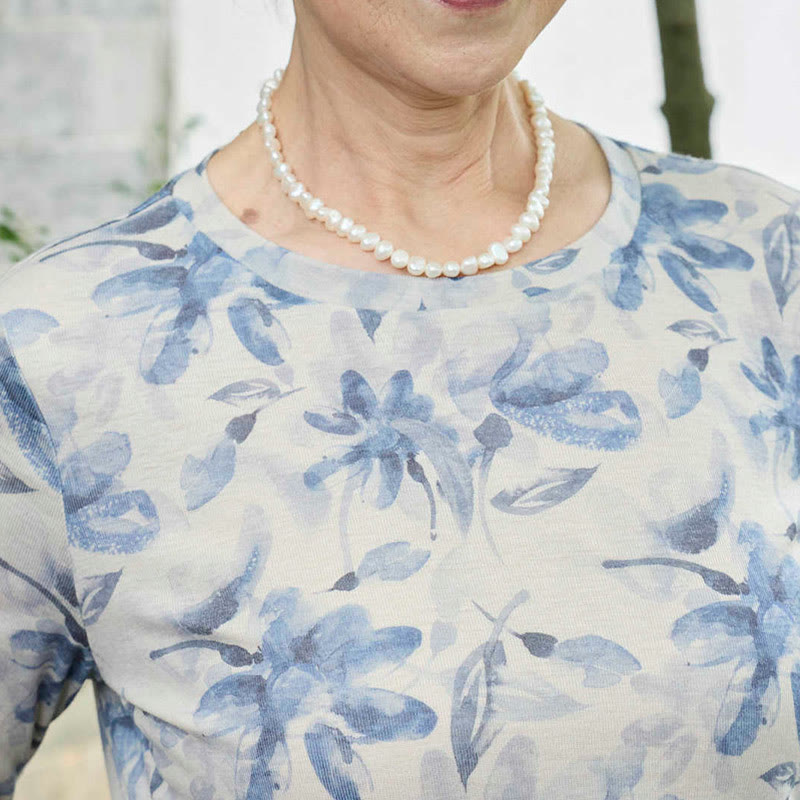 Buddha Stones秋 青 花柄 レディース 長袖 Tシャツ 高齢者向け - image 9