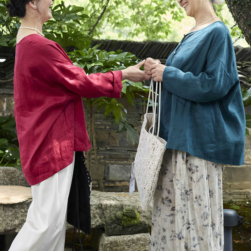 高齢者向けBuddha Stones無地リネン 長袖レディースシャツ - image 34