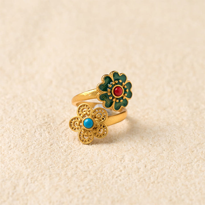 Buddha Stonesの二重花びら銅垂れターコイズ富の指輪 - image 3