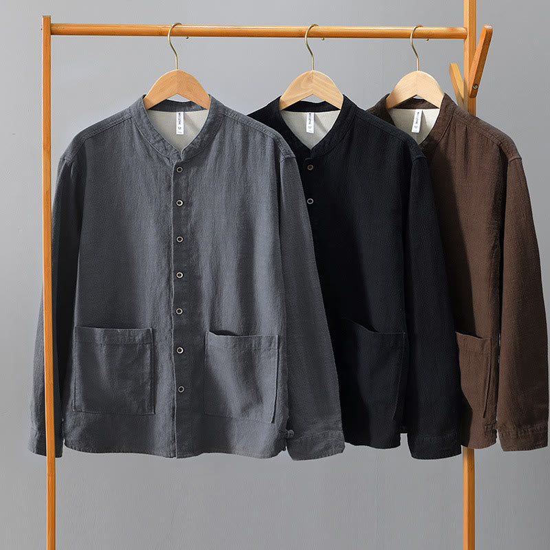 Buddha Stones秋冬 無地 長袖 ボタン メンズ ラミー コットン シャツ ポケット付き - image 1