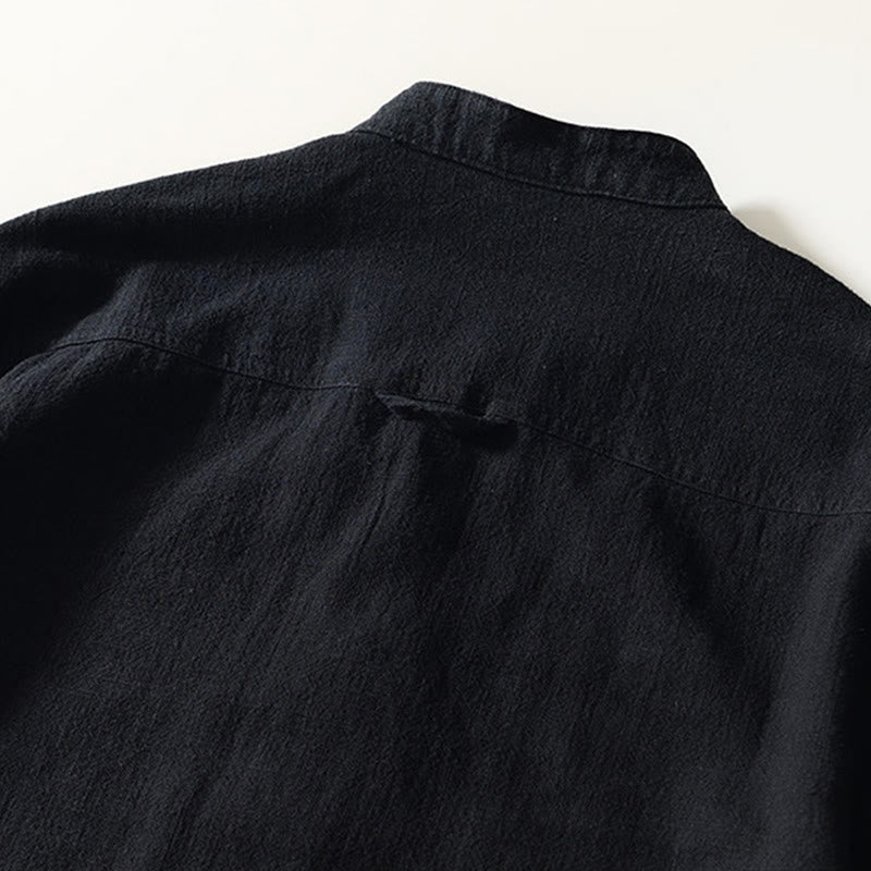 Buddha Stones秋冬 無地 長袖 ボタン メンズ ラミー コットン シャツ ポケット付き - image 4