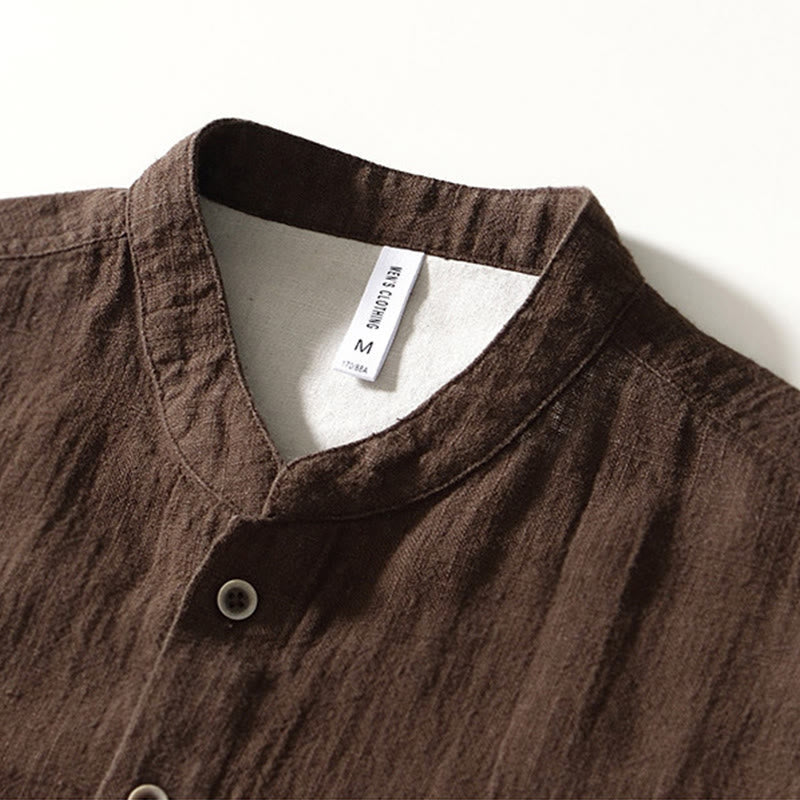 Buddha Stones秋冬 無地 長袖 ボタン メンズ ラミー コットン シャツ ポケット付き - image 11