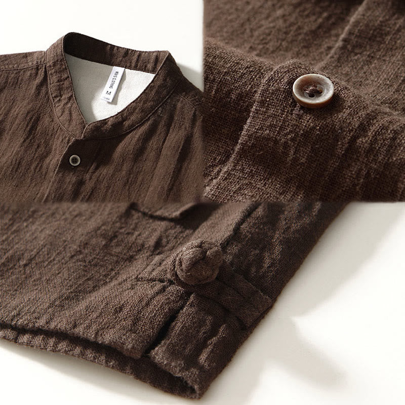 Buddha Stones秋冬 無地 長袖 ボタン メンズ ラミー コットン シャツ ポケット付き - image 16