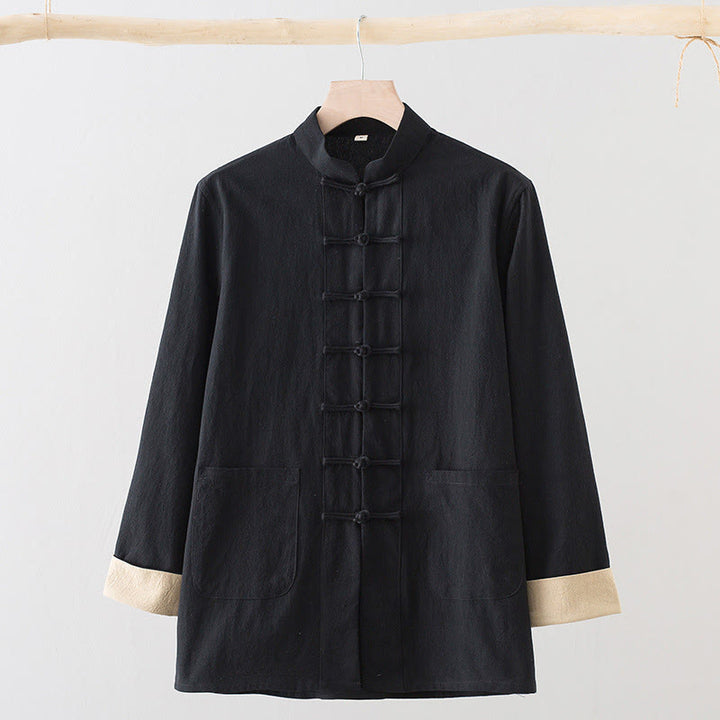 Buddha Stones無地 長袖 フロッグボタンデザイン コットン メンズシャツ - 黒 - US/UK/AU44、 EU54 (4XL) - image 9