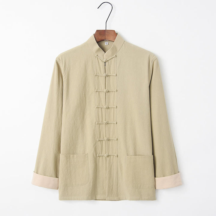 Buddha Stones無地 長袖 フロッグボタンデザイン コットン メンズシャツ - ペールゴールデンロッド - US/UK/AU44、 EU54 (4XL) - image 15