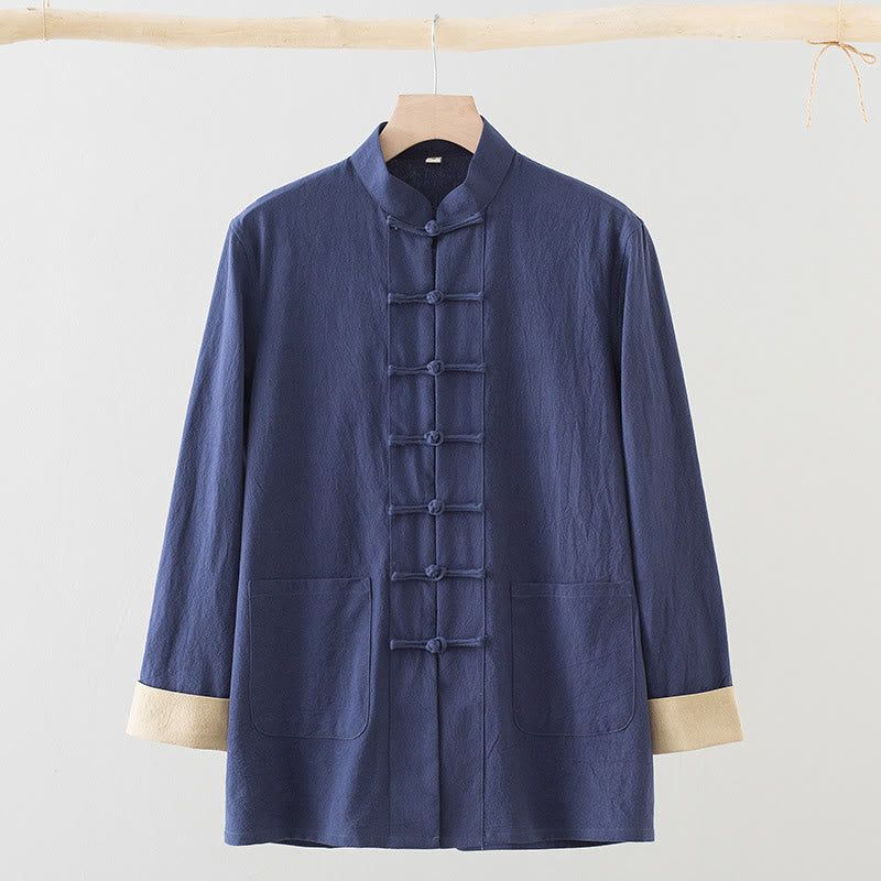 Buddha Stones無地 長袖 フロッグボタンデザイン コットン メンズシャツ - image 1