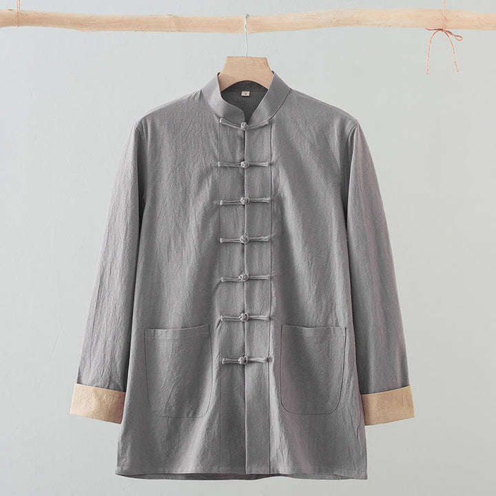 Buddha Stones無地 長袖 フロッグボタンデザイン コットン メンズシャツ - ダークグレー - US/UK/AU44、 EU54 (4XL) - image 11