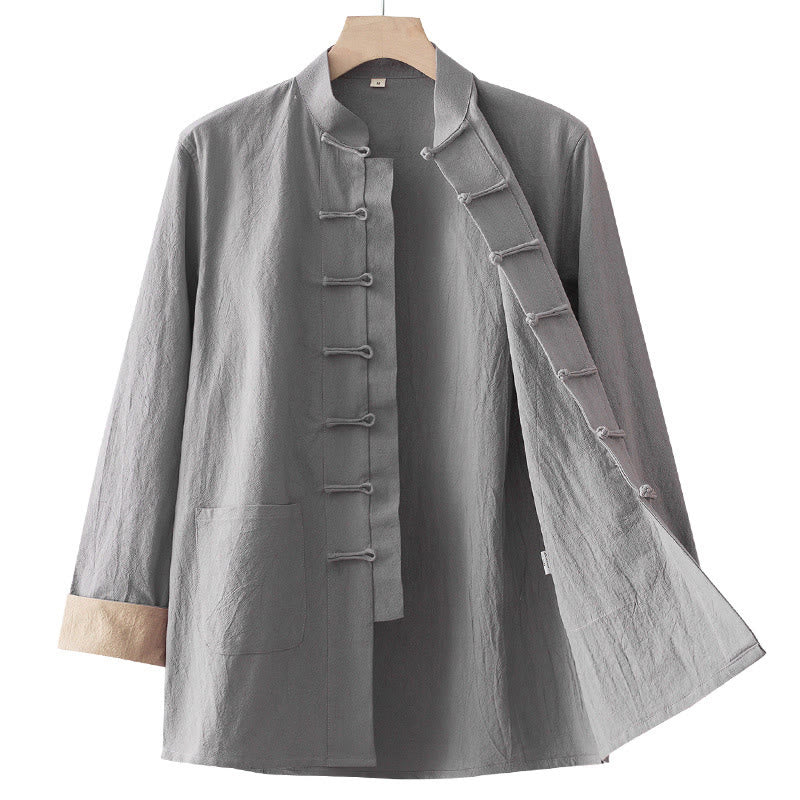 Buddha Stones無地 長袖 フロッグボタンデザイン コットン メンズシャツ - image 12