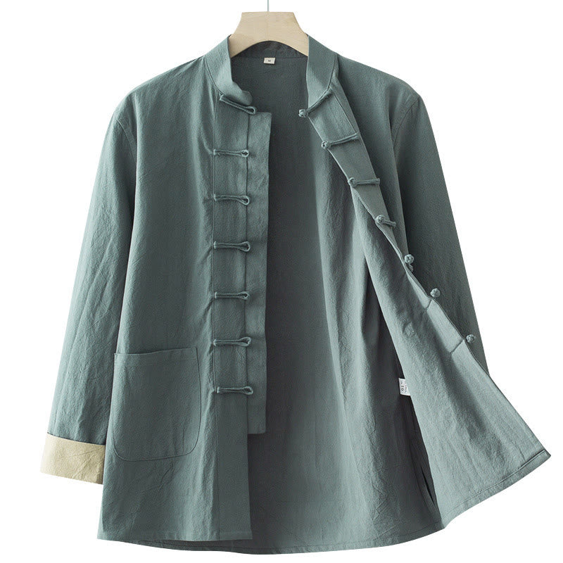 Buddha Stones無地 長袖 フロッグボタンデザイン コットン メンズシャツ - image 3