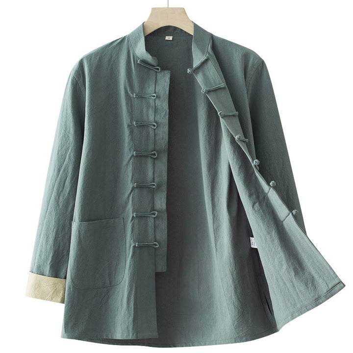 Buddha Stones無地 長袖 フロッグボタンデザイン コットン メンズシャツ - image 3